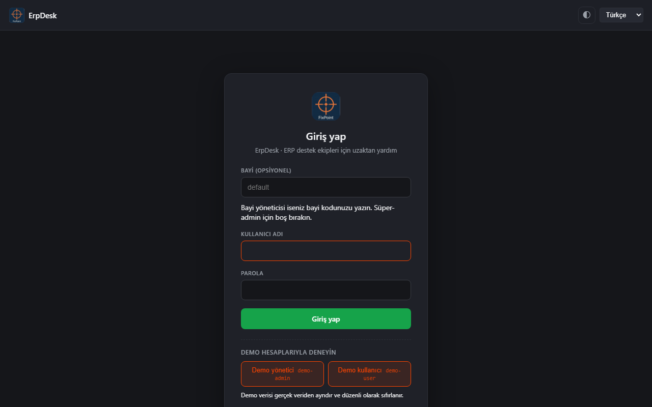 Console giriş ekranı — bayi, kullanıcı adı ve parola